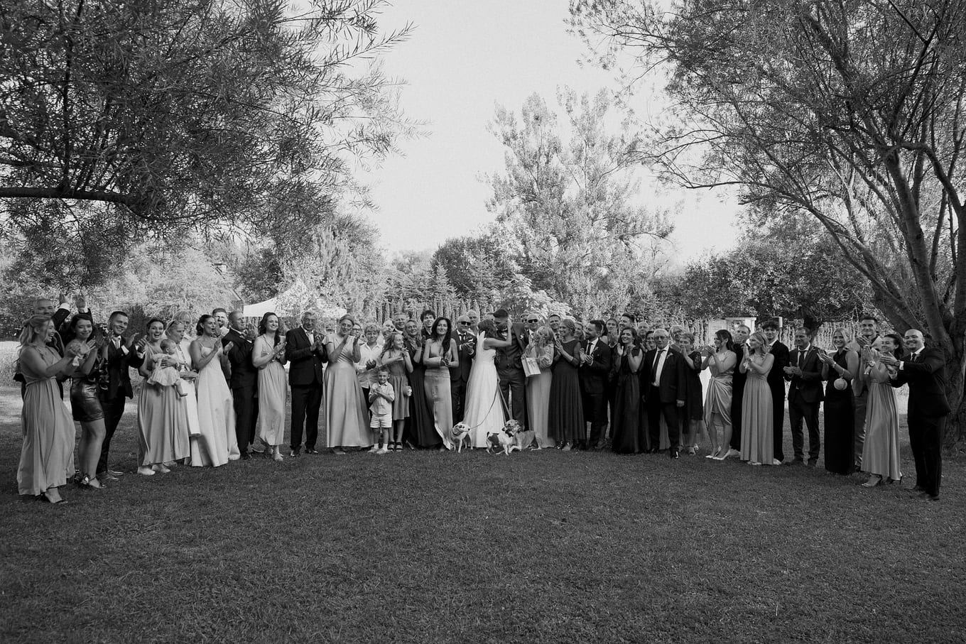Large group of wedding guests stands in a long line on a lawn beneath trees, the bride at the centre