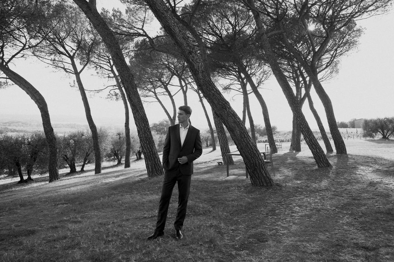 Black and white shot of a man in a dark suit standing alone in a grove of leaning pine trees