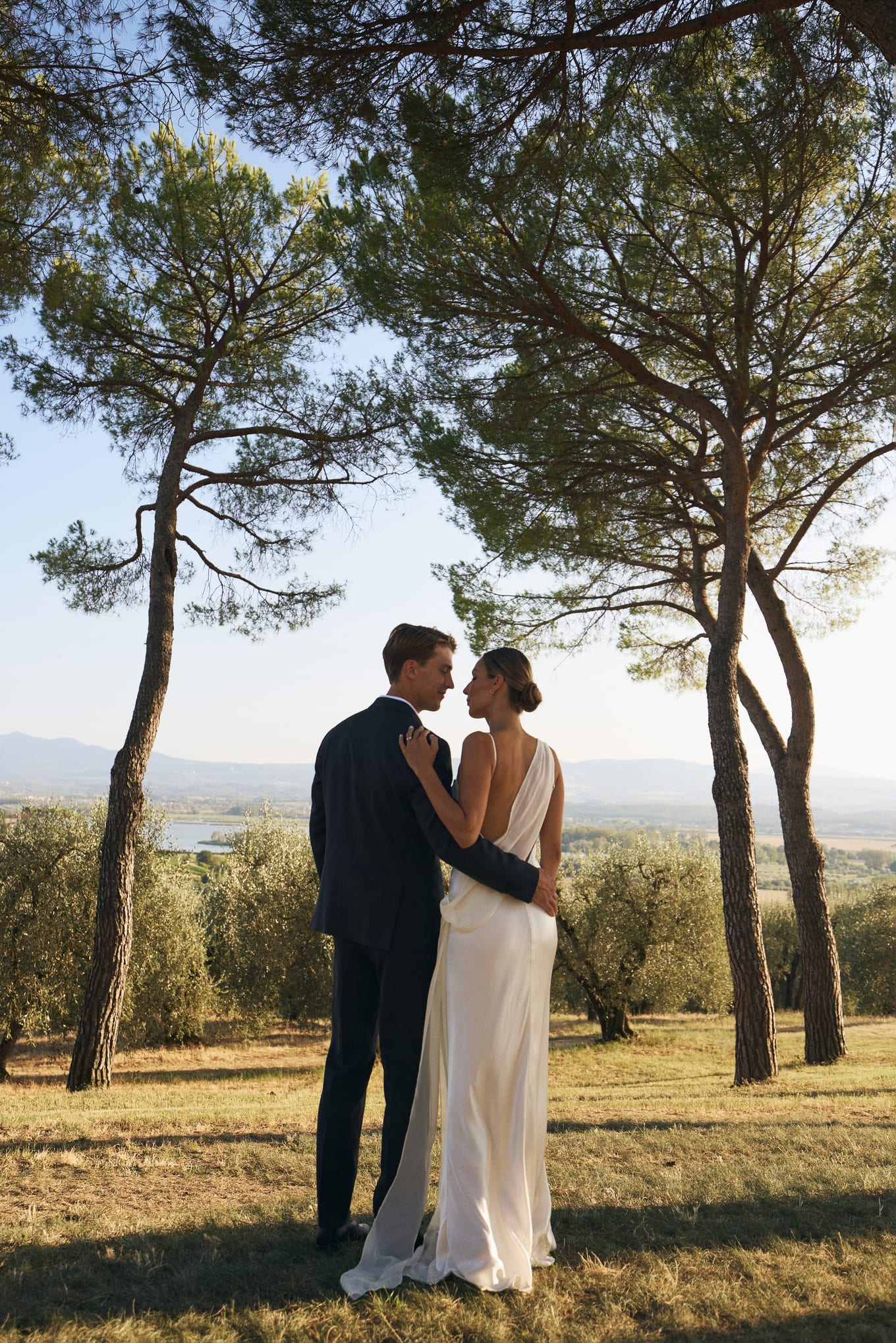 Seen from behind, a couple embrace beneath umbrella pines overlooking olive trees and distant hills