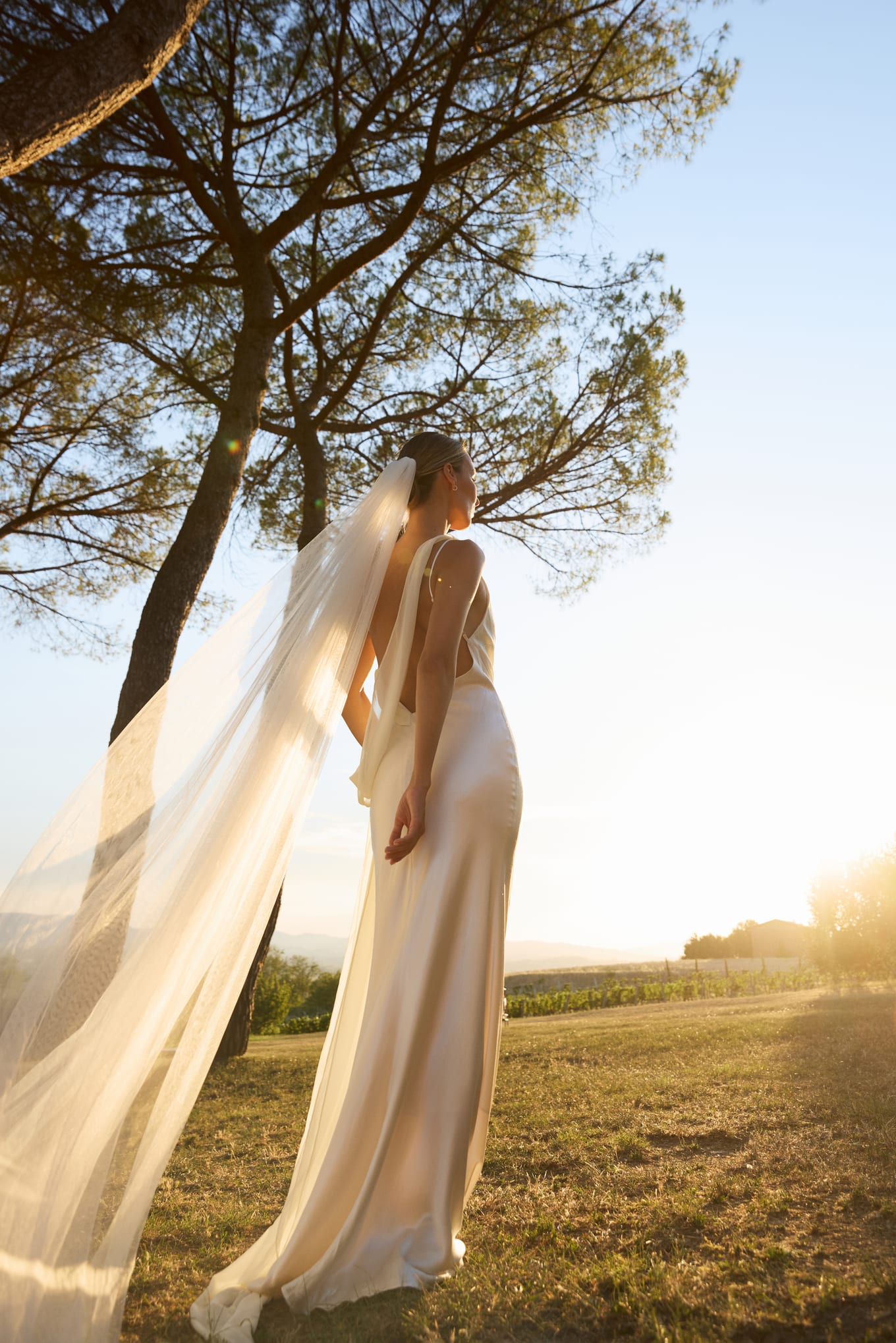 Under tall pines in low evening sun, a bride in a satin slip dress looks away as her veil trails behind