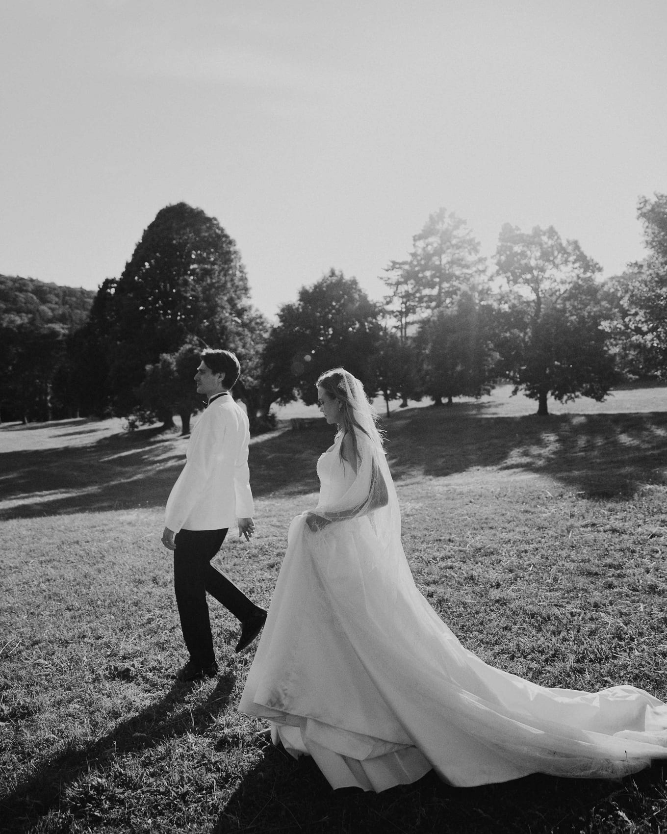 The couple walking a sunlit meadow